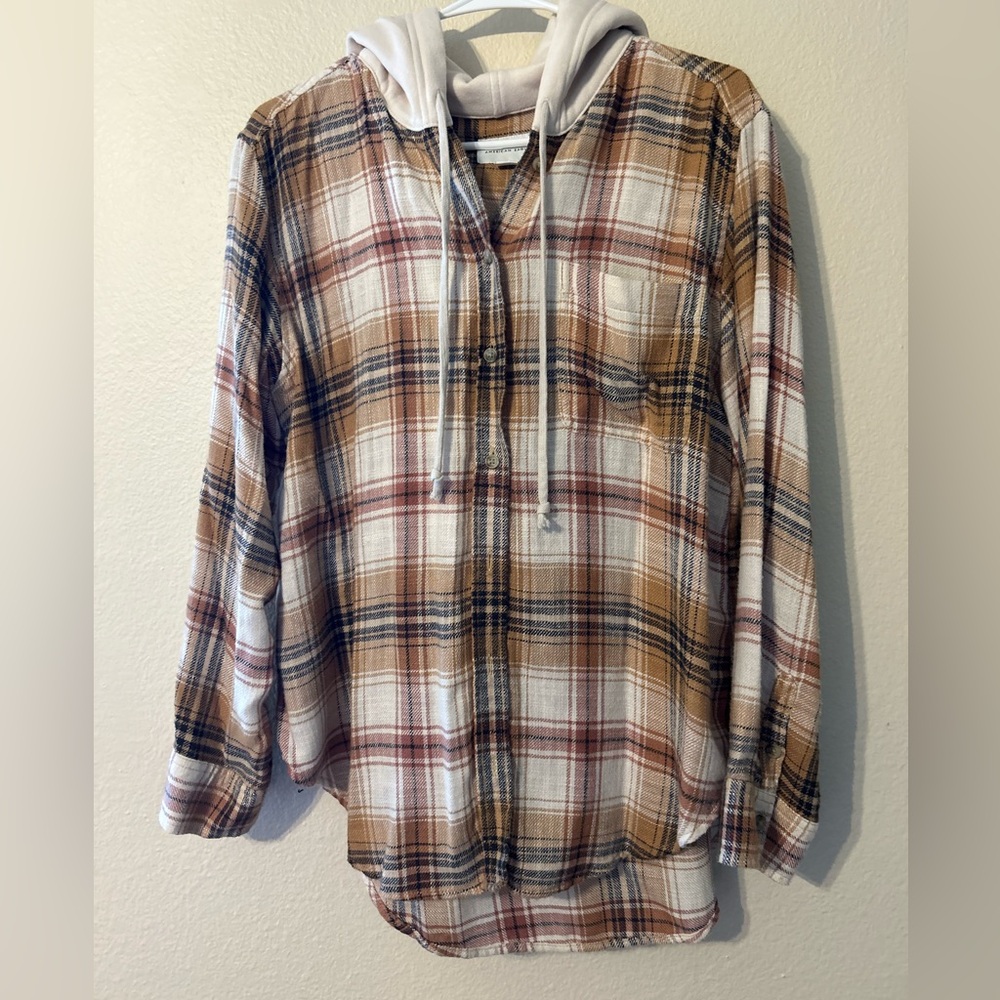 Women’s American Eagle Plaid Hooded Button Up Brown/Tan/Cream Size Small
